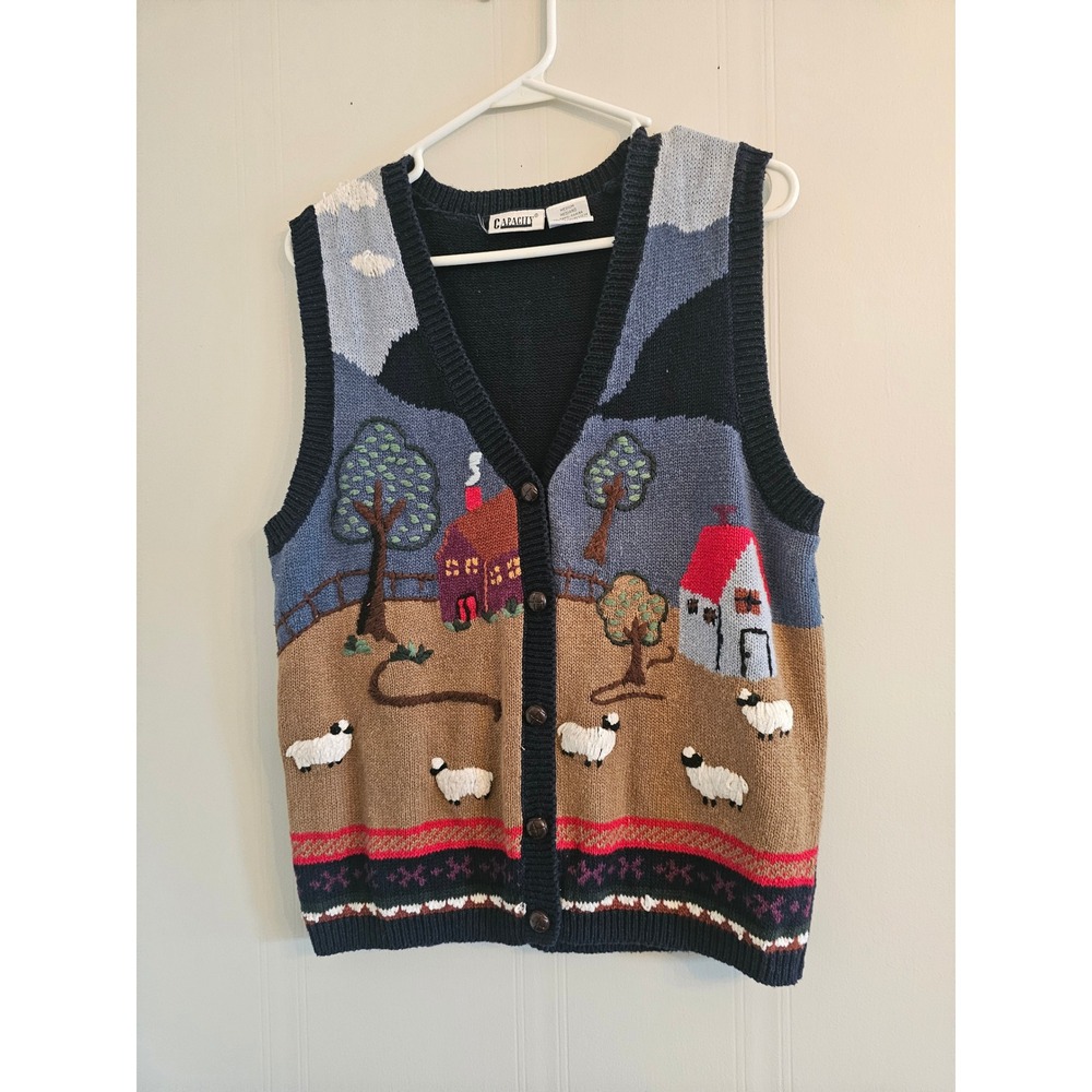 Capacity Vintage 90s Sheep Farm Scene Knit Sweater‎ Vest Blue Brown Medium
